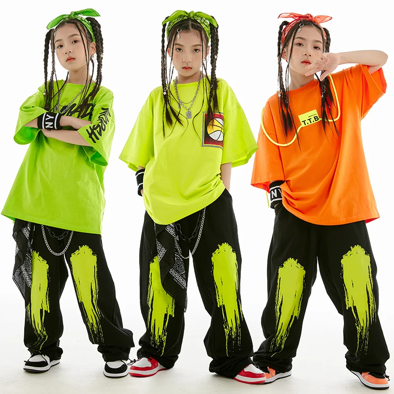 Streetwear Modern Dance Hip Hop Clothing 2023 New Jazz Dance Costumes For Girls Fluorescent Green Shirts Loose Pants