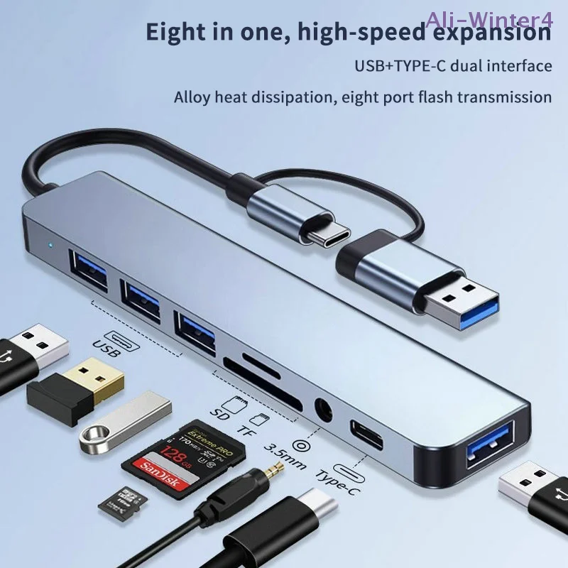 

【Winter4】8 In 1 USB Type C HUB Docking Station With 3.5mm Audio Jack Adapter Micro TF SD Card Reader For Laptops Tablet Phone