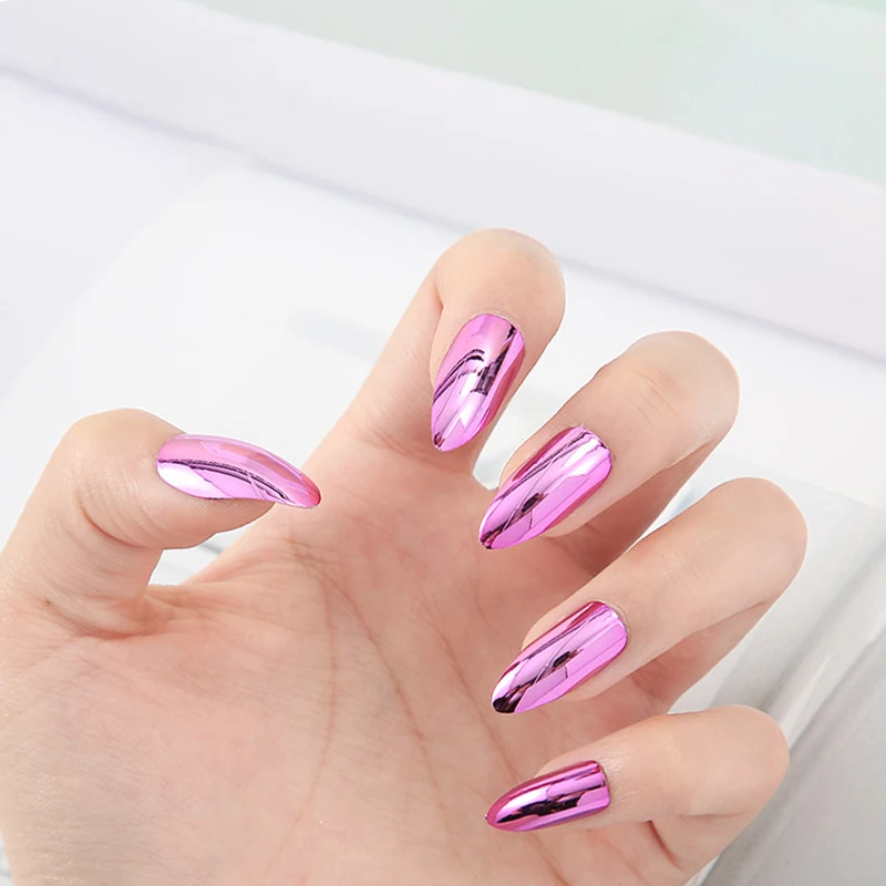 24PCS Mirror Press On Nails Metal Effect Fake Nails With Adhesive Almond Metallic Full Cover Artificial False Nail Art Tips