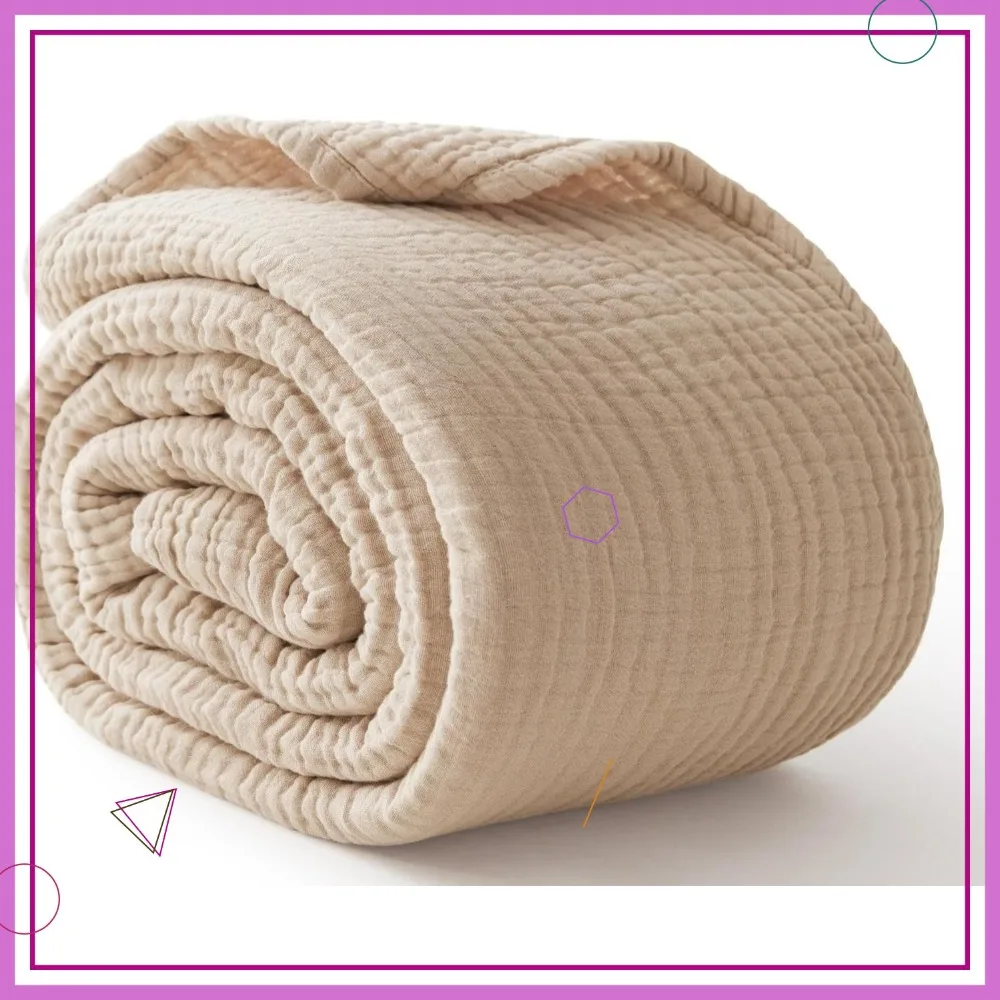 

King Size Cotton Blanket 108x90, 6-Layer Cooling Muslin Throw, Lightweight Quilt for All Seasons in Linen Beige