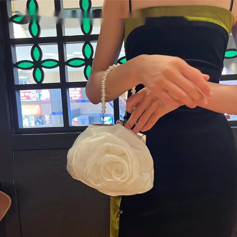 Satin Rose Evening Bag Designer Dinner Party Wedding Flower Purse Luxury Handbags Design Silk Pleated Clutches Female