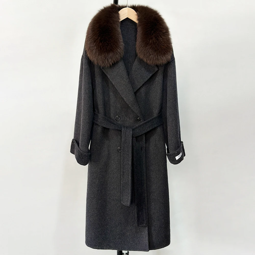 

Reality Fur Jacket Autumn Real Fox Fur Collar Outerwear Women 2025 Winter Fashion Elegant Cashmere Wool Blends Coat Fur Jacket