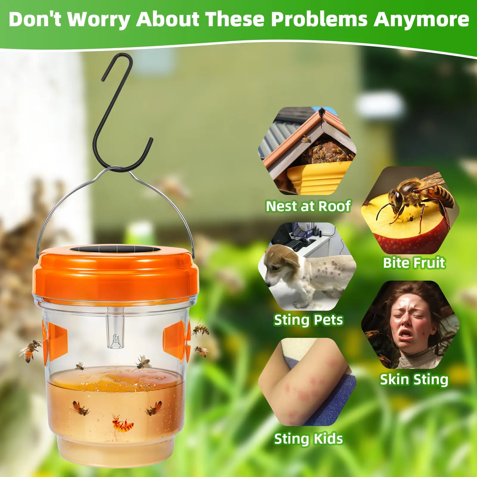 Wasp Trap 4 Pack Solar Powered Bee Repellent Outdoor Hanging Hornet Killer with Light Flying Insect Trap Wasp Catcher