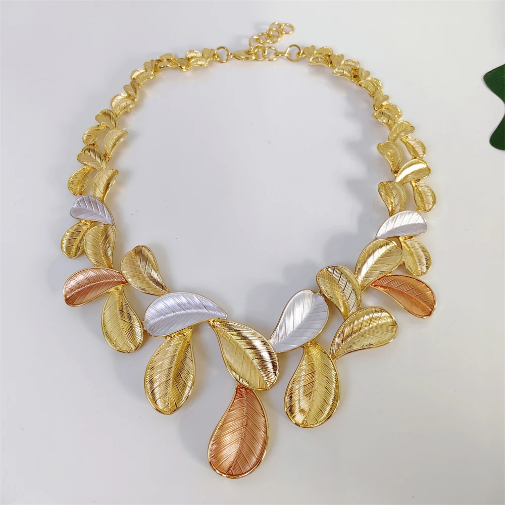 ESALE Dubai 18k Gold Plated Women Jewelry Set Classic Design Plant Leaves Necklace Earrings Bracelet And Ring 4PCS Set Jewelry