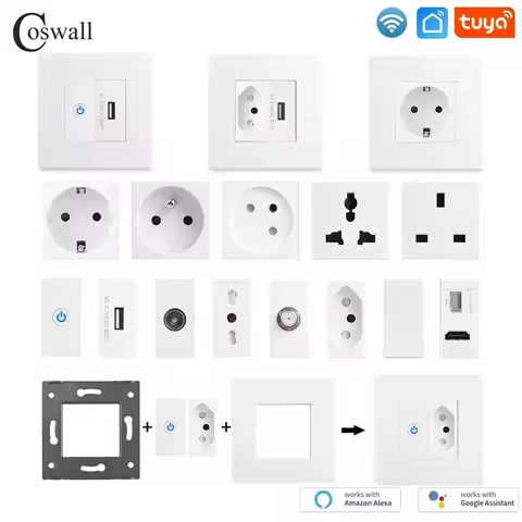 PC Panel Wall EU French Israel Universal Socket + WIFI Tuya Smart Switch + TV Internet Jack USB Charger Connector DIY Module