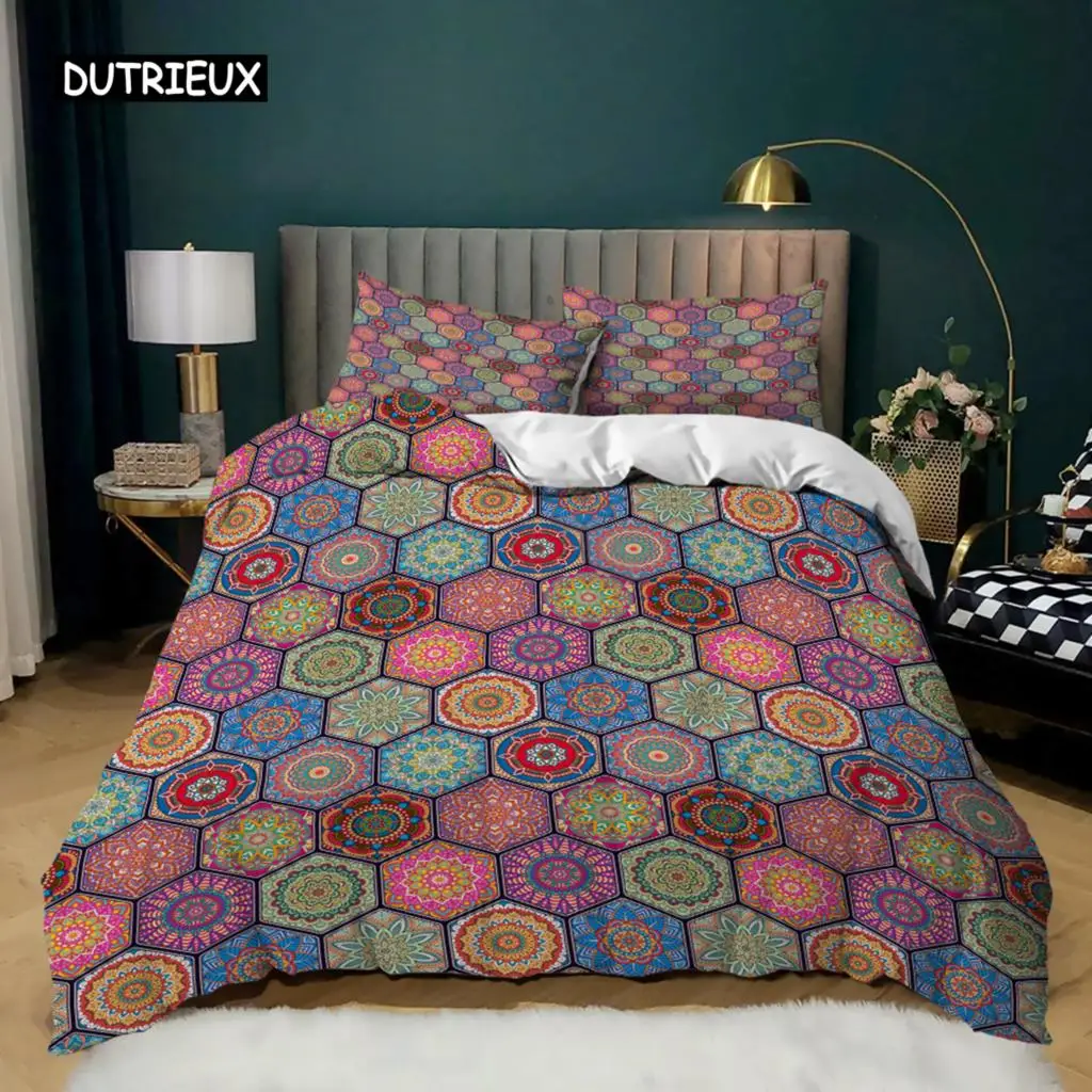 

Lattice Duvet Cover Set King Size Hexagonal Lattice Boho Ethnic Mandala Pattern Bedding Set Super Soft Microfiber Quilt Cover