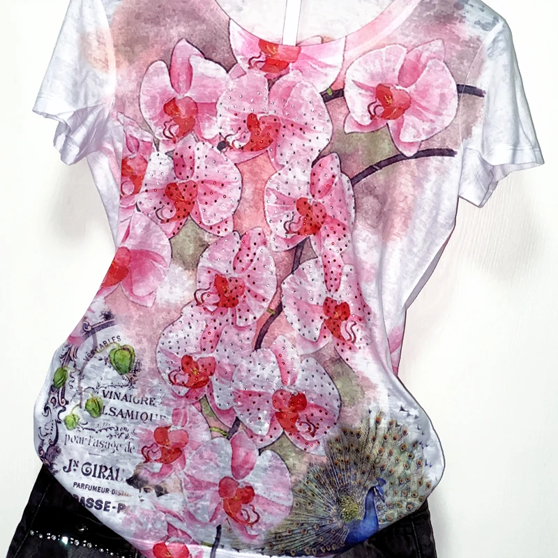 Printing Short Sleeve Female T-shirt 2025 New National Wind Hot Drilling Large Size Mulberry Silk O-neck Pullover Top Basic Tees