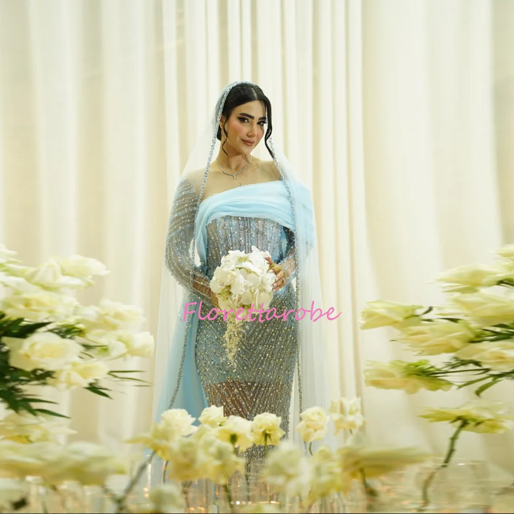 

Blue Mermaid Beaded Wedding Dresses Elegant Prom Gowns for Women Luxury Evening Dresses Customized