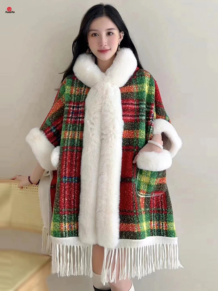 

2023 Winter New Colorful Imitate Lamb Wool Faux Fur Cape Coat Women Fashion Thicken Bat Sleeves Outerwear Cloak Hood Pockets