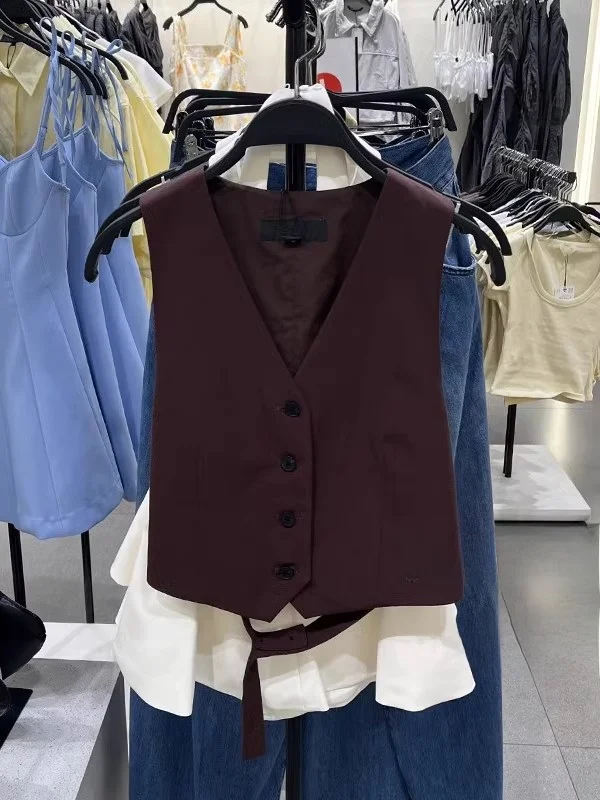 

Faionable V-Ne Vest Women's Spring Summer New Arrival Ba Open Design Versatile ort Length Single Button Closure