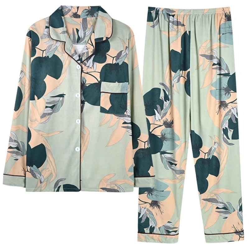 Colorful Printed Pajamas for Women Long Sleeve Sleepwear Lapel Button Down Shirts with Loose Pants Home Loungewear Set