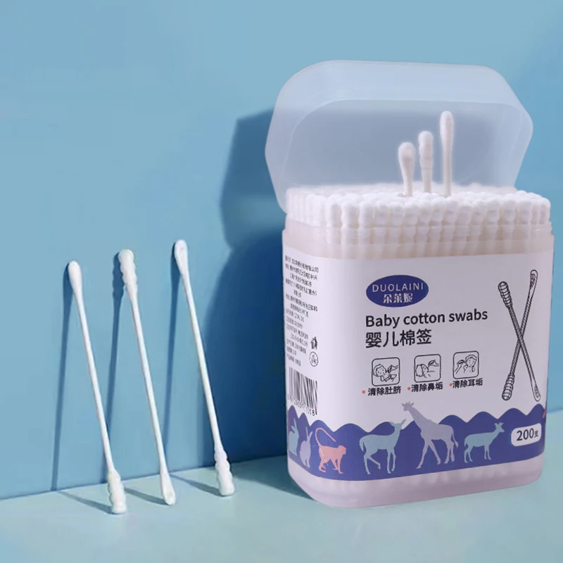 200 قطعة مزدوجة المتاح أعواد قطنية ماكياج الأنف الأذن العصي تنظيف الوبر الحرة القطن دوامة الأذن الرعاية براعم مسحات أداة العناية بالطفل
