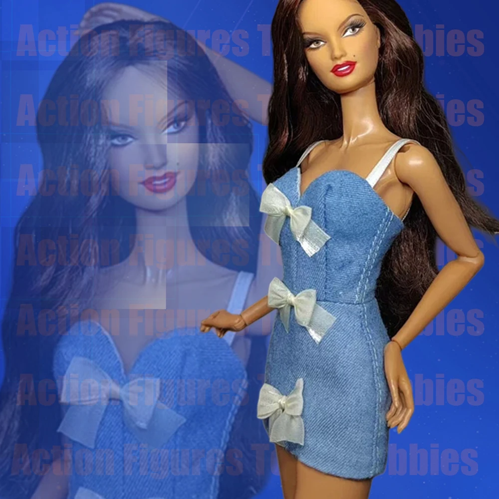 

【Только одежда】Джинсовое платье с бантом в масштабе 1/6, сексуальная облегающая юбка на бретельках, аксессуары, модель для кукол 30 см, PP fr6 barbi MengF