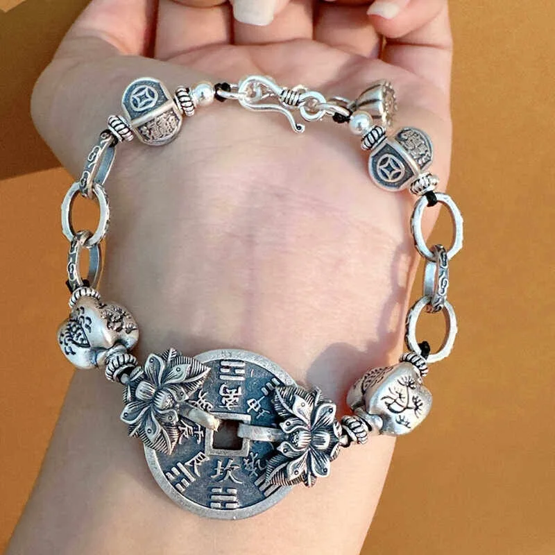 

silver 925 Lotus flowers Copper Coin Round Brand Bracelet Women's Four petal Chain Original Design Bracelet Ethnic Style Jewelry
