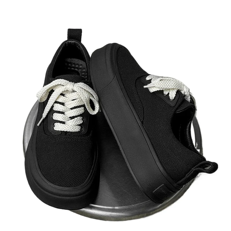 

Весенне-осенняя дышащая повседневная обувь, мужская парусиновая спортивная обувь с квадратным носком и толстой подошвой, мужские черные кроссовки на плоской подошве для пешего туризма