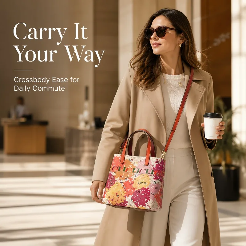 CHHC Women Floral Letter Print Tote Bag Faux Leather Metal Lock Decor Removable Shoulder Strap Top Handle Handbag