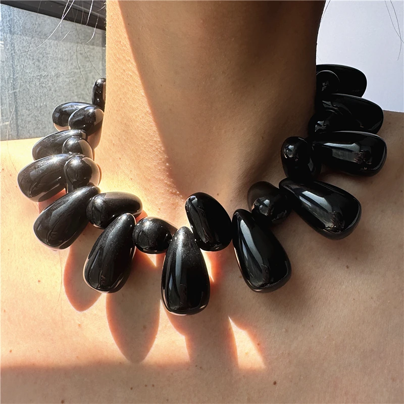 HangZhi Bohemian Black White Water Drop Necklace Irregular Geometric Personality Party Chunky Luxury Large Jewelry 2024 New