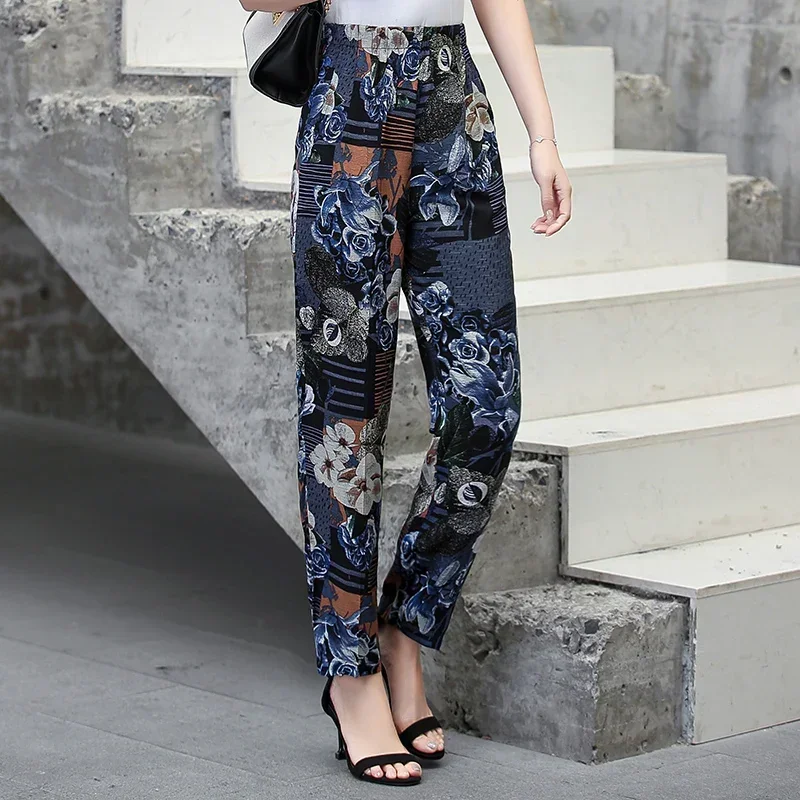 2023 Summer Women Harem Pants Casual High Waist Pants Printed Elastic Waist Middle Aged Women Trousers Summer Bottoms