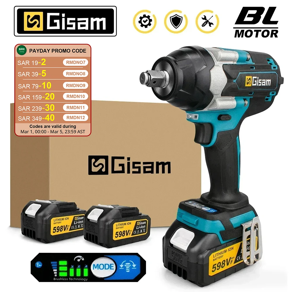 Gismo 1800N.M Torque Brushless Chave de impacto elétrica Chave de fenda de 1/2 polegada Chave sem fio Ferramentas elétricas para Makita 18V Bateria