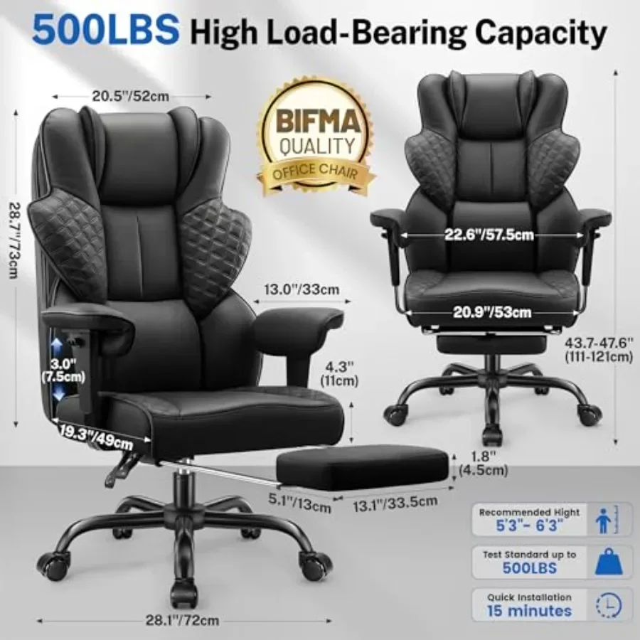 Big and Tall Office Chair for Workspaces Scratch-Resistant PU Leather, Black Supports up to 500lbs with 4D Lumbar Support, Foot