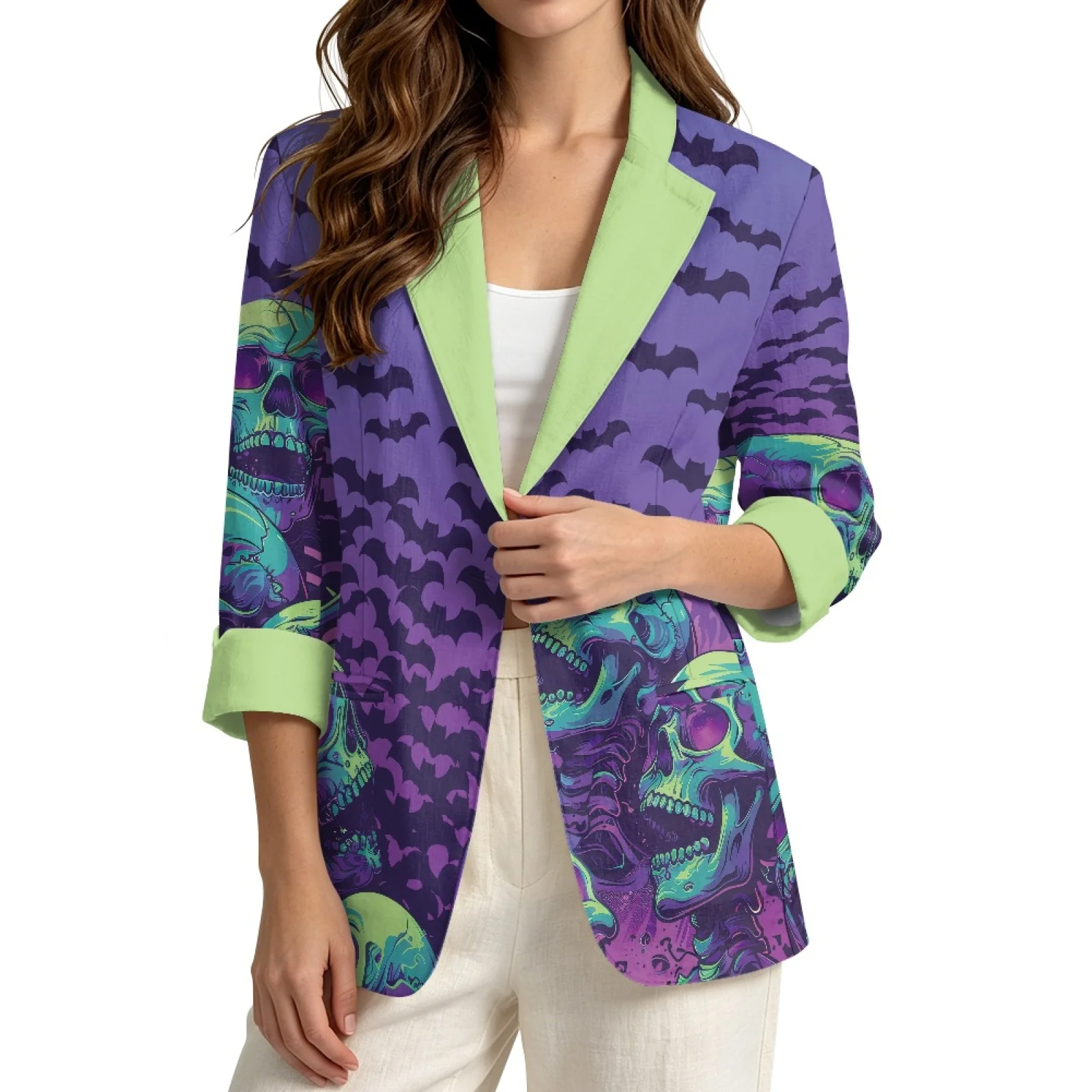PENSTROLL Purple Bat Skull Linen Style Cardigan Jackets Open Front Tops for Women Casual Outerwear Cover Up
