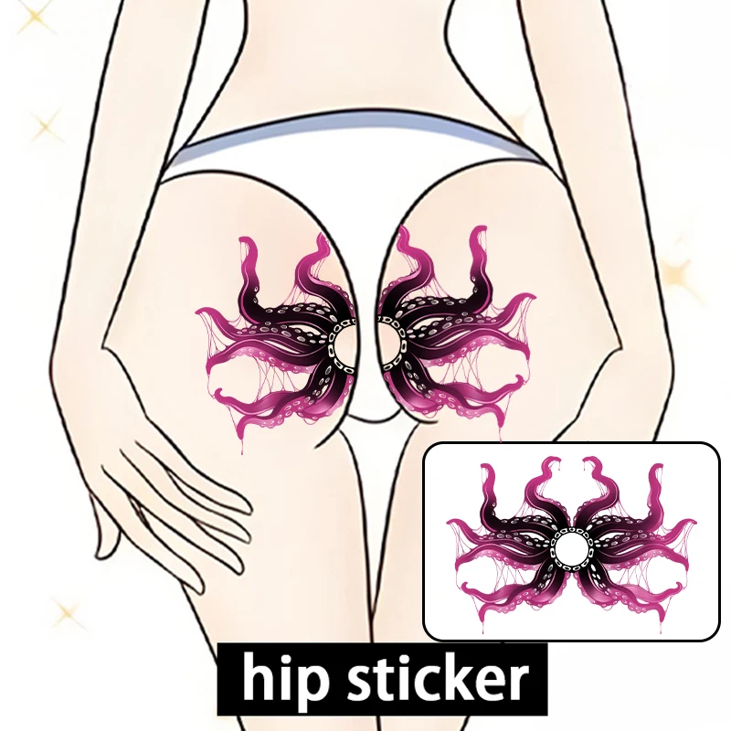 Black and Red Squid Buttock and Abdomen Sexy Design Temporary Sticker, Waterproof and Sweatproof, Colorful Realistic Tattoo
