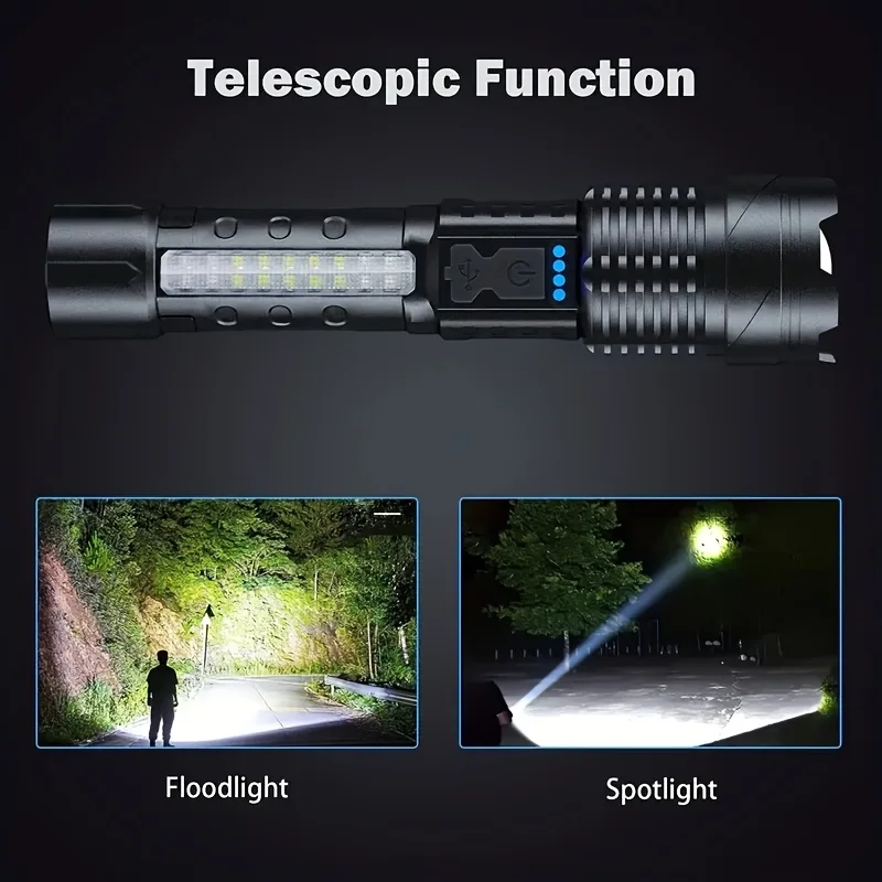 Powerful XHP50 LED Flashlight Waterproof 18650 Torch With Side Light 7 Modes Camping Fishing Lantern USB Rechargeable Zoom Lamp