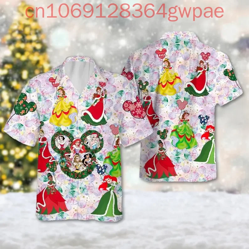 Disney princesa natal camisa havaiana das mulheres dos homens casual camisa de manga curta topos disney dos desenhos animados crianças botão acima camisa de praia