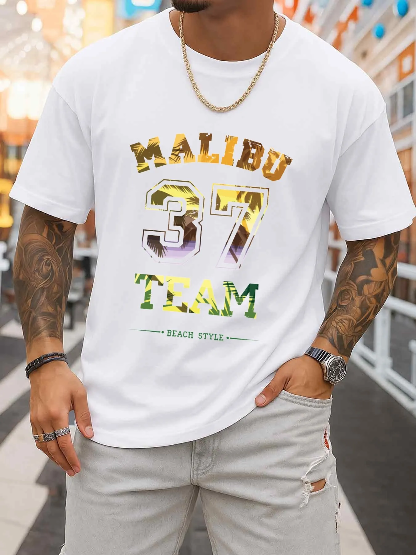 Malibu 37 Team Beach Style T-Shirt Men's Printed T-Shirt White 2026 Limited Edition Regular Fit, All-Season Casual Wear, Ideal Gift, Street Style, Comfortable Outdoor Activity Clothing