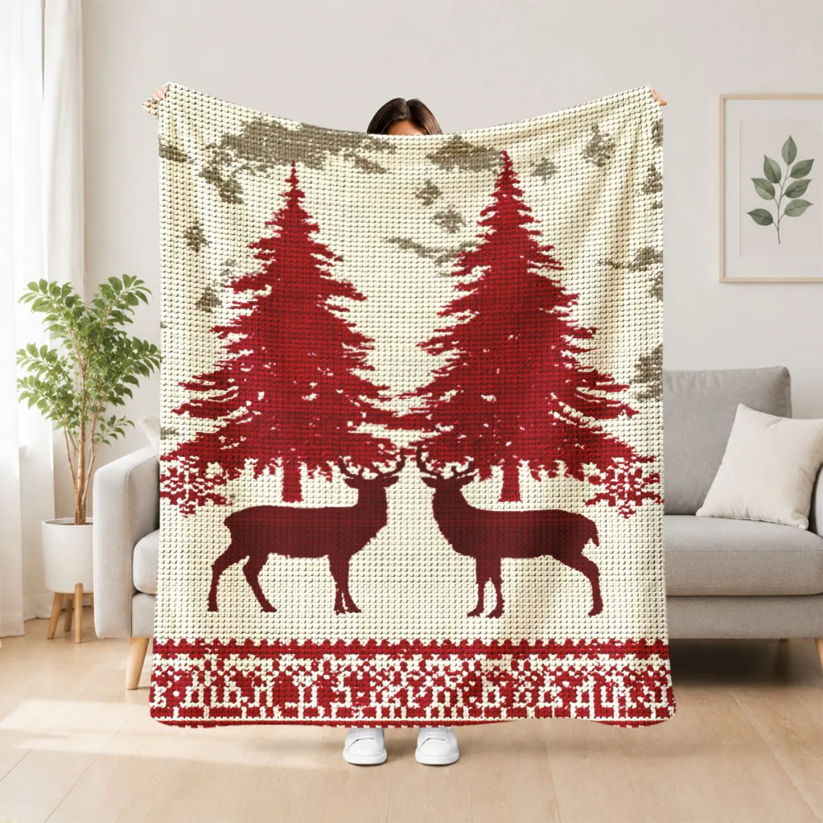 2D Flat Printing 1pc Fair Isle Red Deer Christmas Tree Cozy Flanne Blanket Soft Lightweight Flannel Four Seasons Suitable for Li