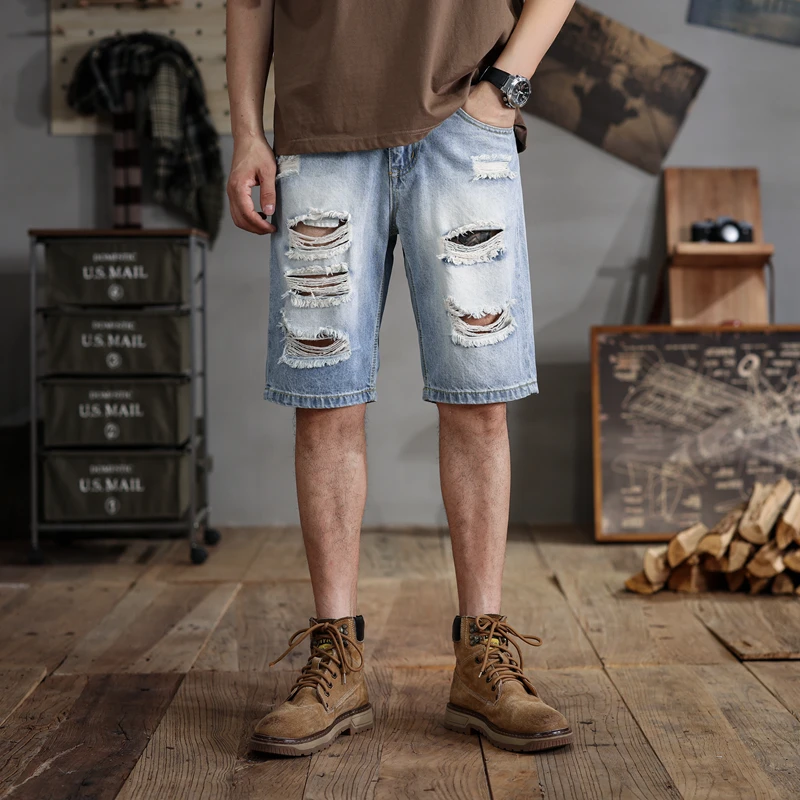 28-48size summer loose large size denim shorts men\'s ripped fashion trendy middle pants American motorcycle plus-sized shorts