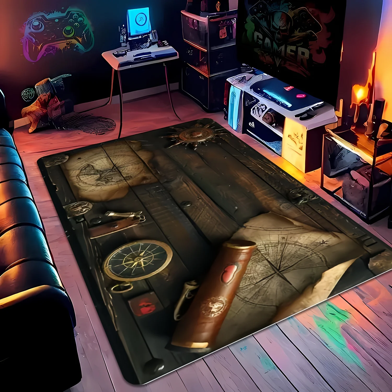 XL Gaming Mouse Pad Desk Mat Fantasy Pirate Adventure Theme Map Rug Gaming Setup Accessory Gamer Decor Large Area Mat For