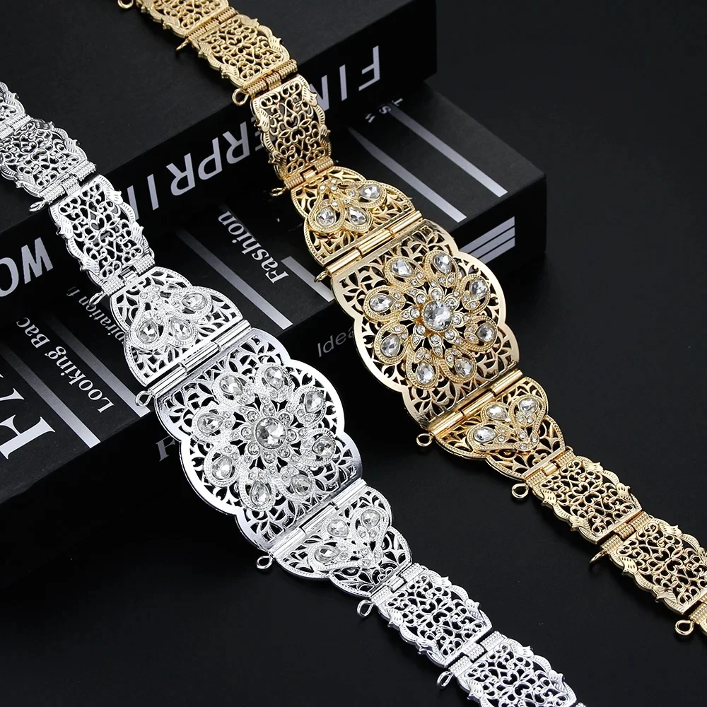 Sunspicems Chic Gold Color Arab Caftan Belt Waist Chain For Women Crystal Morocco Bridal Belt Adjustable Length Wedding Jewelry