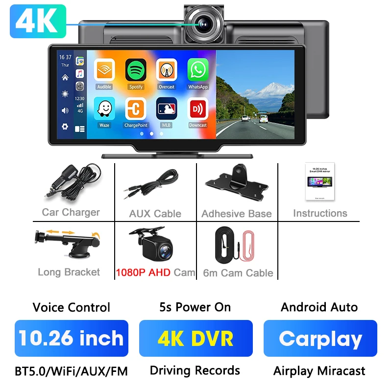 Srnubi 10,26 inch 4K Dash Cam Draadloos CarPlay Android Auto Dashboard Auto DVR Video-opname Nachtzicht GPS-navigatie BT AUX