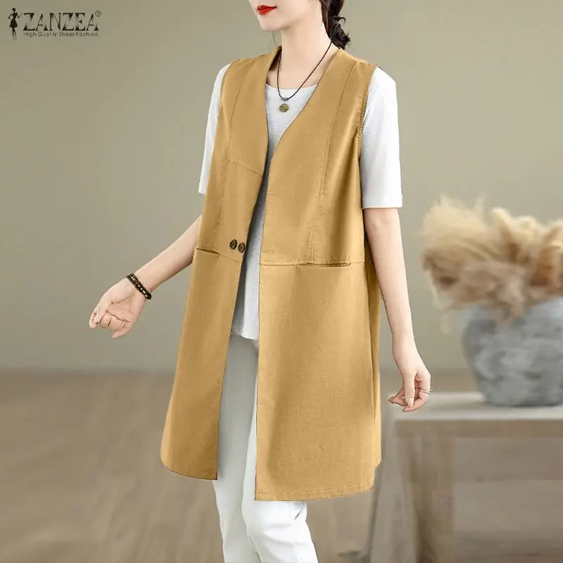 

ZANZEA Spring Summer Women's Casual Long Vests V-Neck Button Up Sleeveless Jackets Minimalist Solid Color Woman Waistcoats 3XL