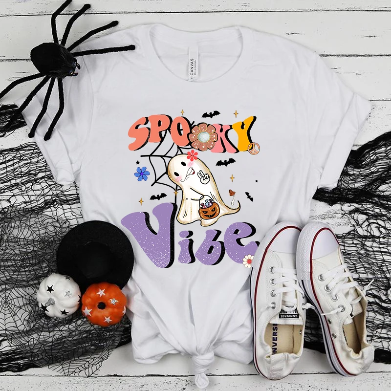 

(Premium T-shirt)Fashion Funny Halloween Boo Spooky Vibe Printed T-Shirts Women Summer Casual Short Sleeved T-Shirts Round Neck