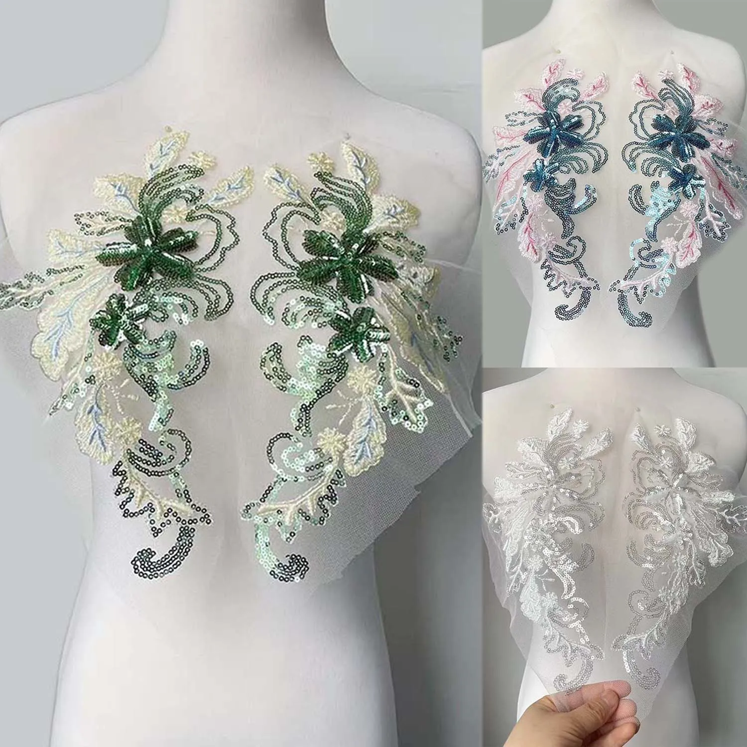 1Pair,29*15.5CM 3d Flower Sequin Embroidery Clothes Lace Applique Sew on Patches,Bodice Beaded Appliques Sewing Supplies