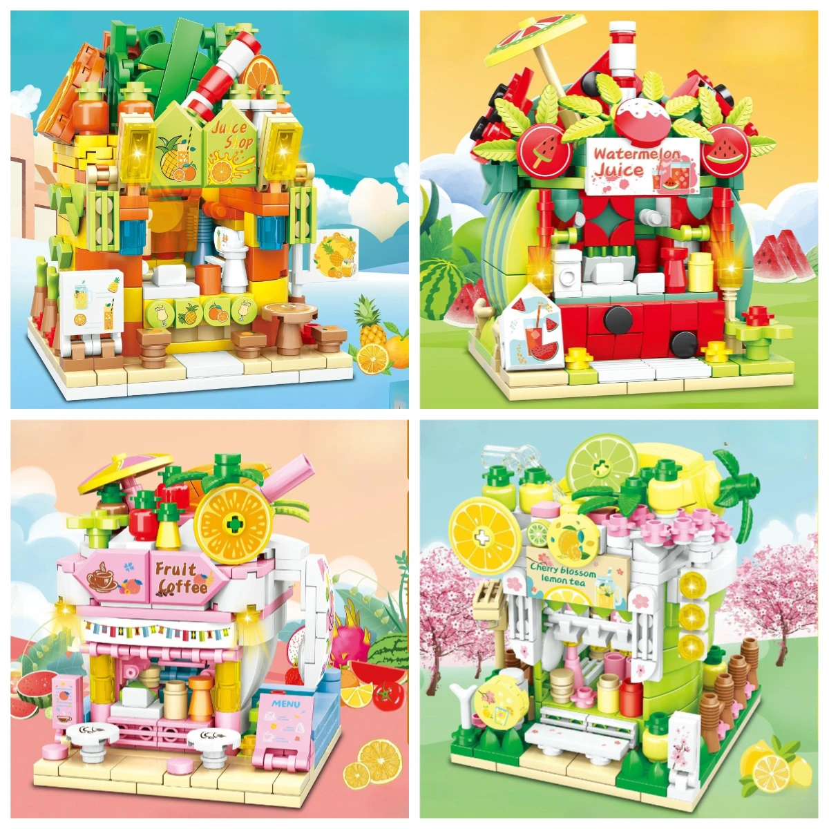 

MOC Modern Fruit Ice Juice Drink Shop Building Blocks Set Watermelon Lemon Orange Beverage Store Toys For Children Birthday Gift