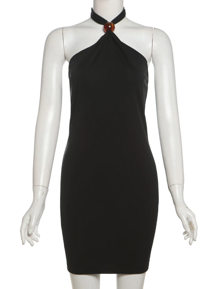 Kliou-Mini Vestidos con cordones y cuello Halter para Mujer, Vestidos clásicos lisos sin mangas con hombros descubiertos, Vestidos moldeadores para el cuerpo, vestido de fiesta de cumpleaños para Mujer