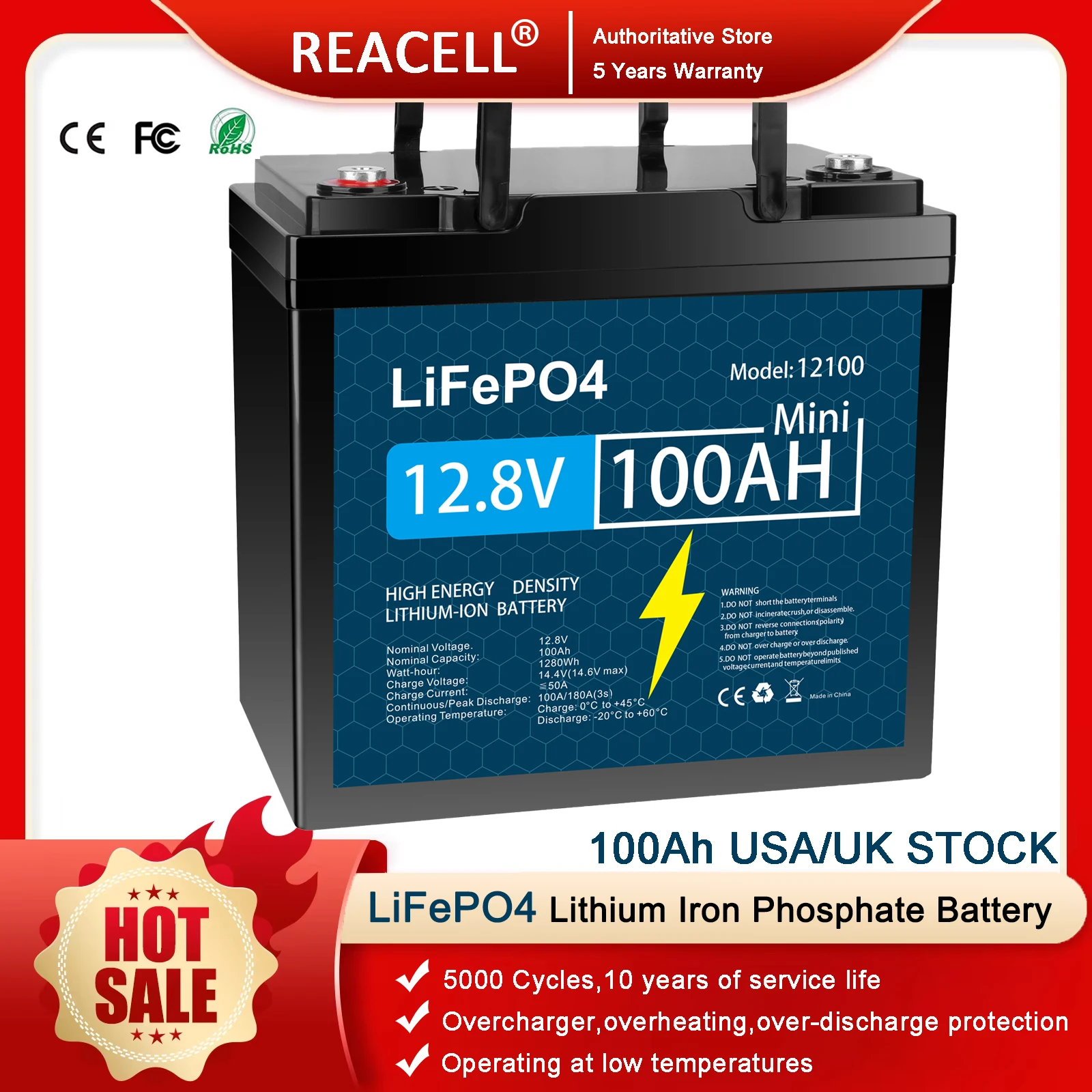 

100Ah12.8V LiFePO4 Battery 12V Lithium Iron Phosphate Batteries Pack 5000 Cycles RV Cart Boat Solar Battery USA/UK STOCK