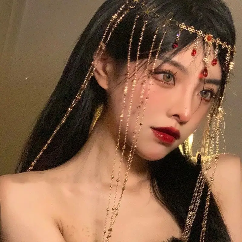 Fairy Long Tassel Veil Hair Ornaments Forehead Chain Face Curtain Retro Luxury Crystal Chrismas Headdress Women Hair Accessories