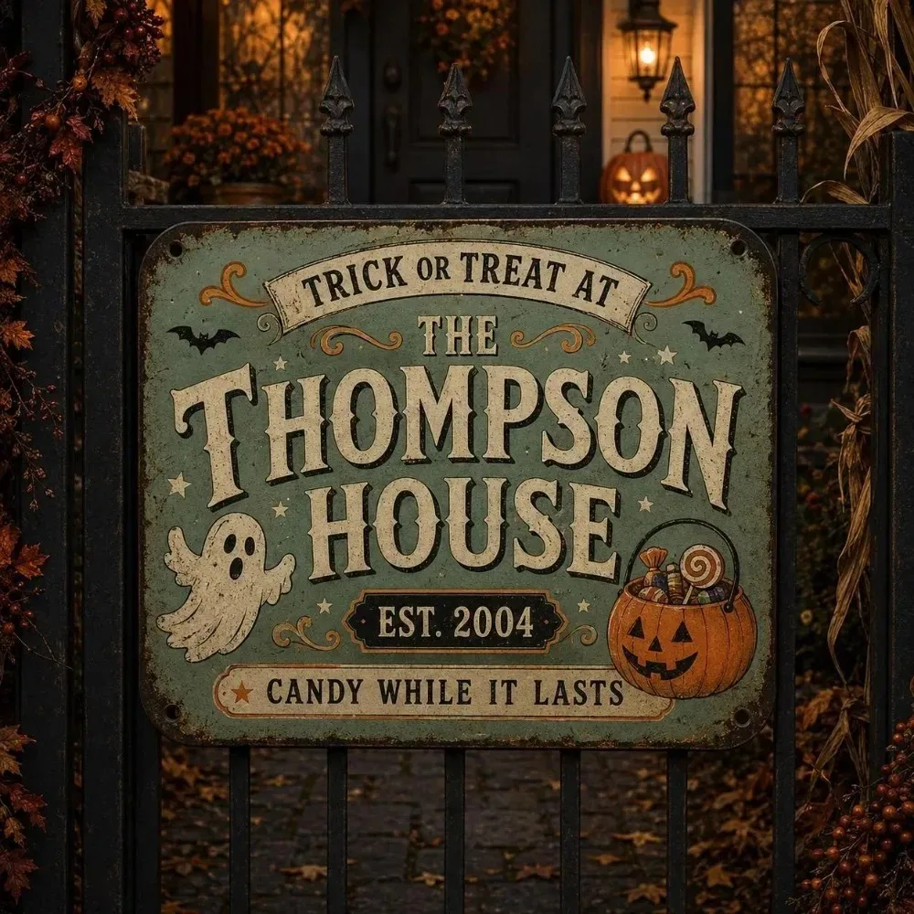CIFbuy 2D Flat Halloween House Metal Plaque Custom Name Est Year Ghost Pumpkin Wall Ornament