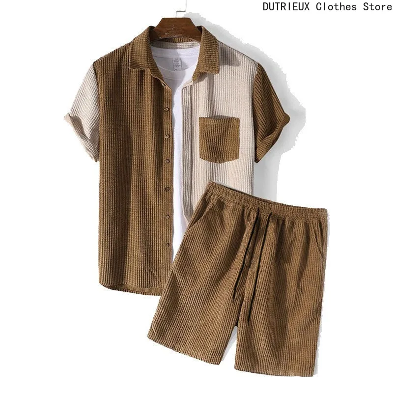 

Men's Business Casual Shorts Set, loose and comfortable corduroy short-sleeved shorts two-piece suit, vacation men's clothing