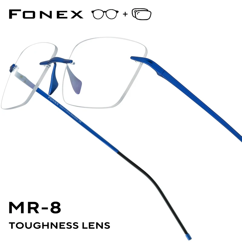 FONEX Progressive Prescription Glasses Photochromic Myopia Optical Lens Eyewear Men Rimless Eyeglasses Blue Titanium Frame 557