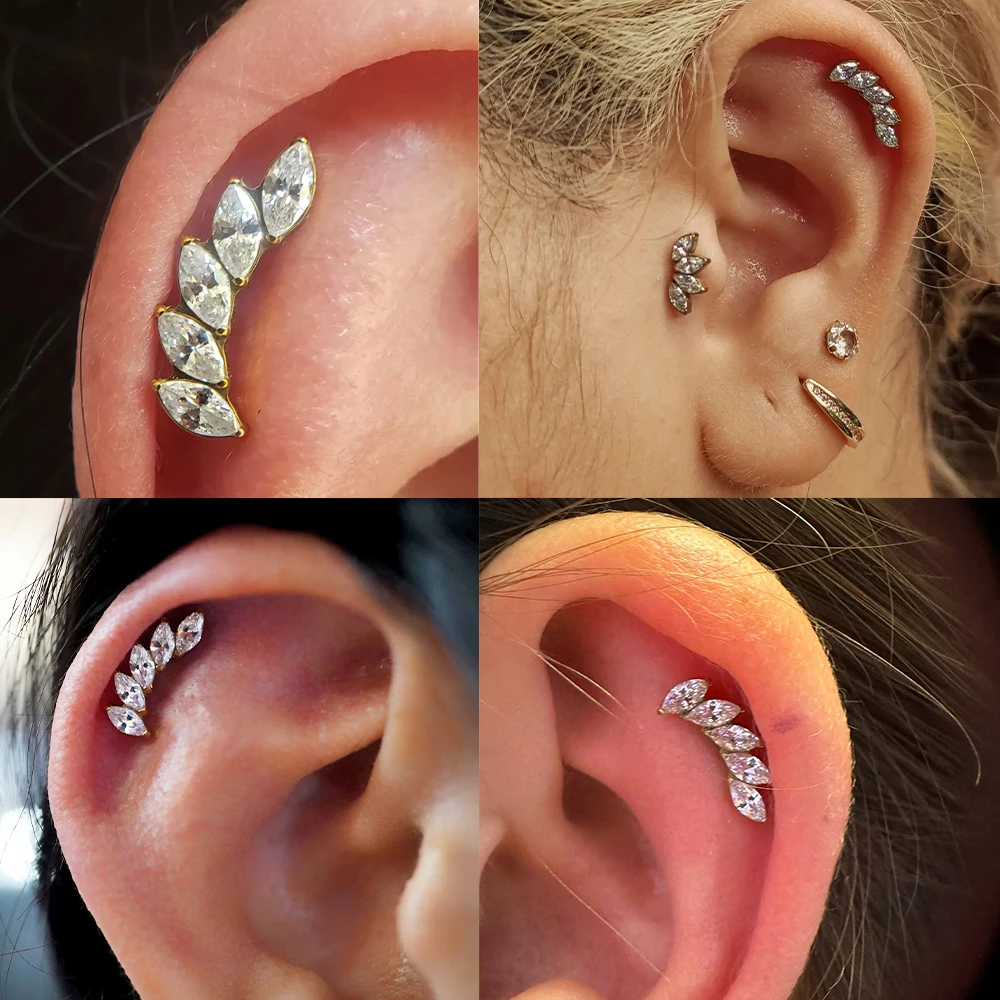 1PC Stainless Steel Marquise CZ Lip Ring Ear Cartilage Tragus Internally Threaded Helix Lobe Earrings Daith Piercing Jewelry 16G