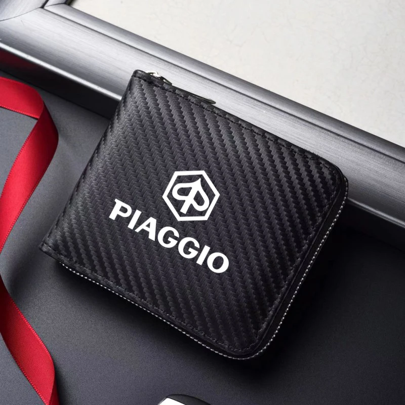 Carbon Fiber Texture Premium Leather Zipper ID Bag Car Driver's License Card Case for PIAGGIO Motorcycles