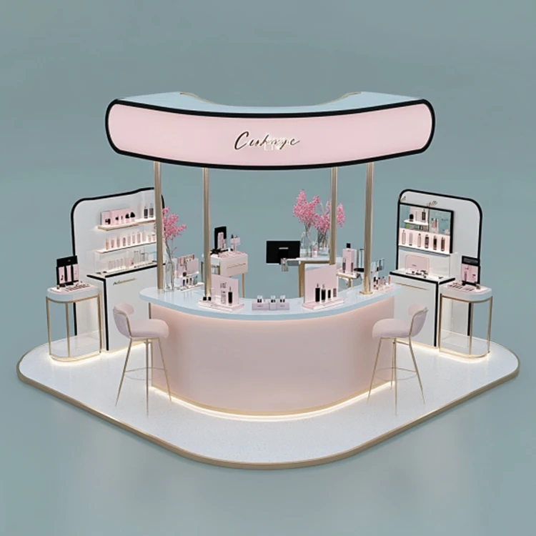 

Modern pink shopping mall kiosk design cosmetic store skin care store design display cabinet