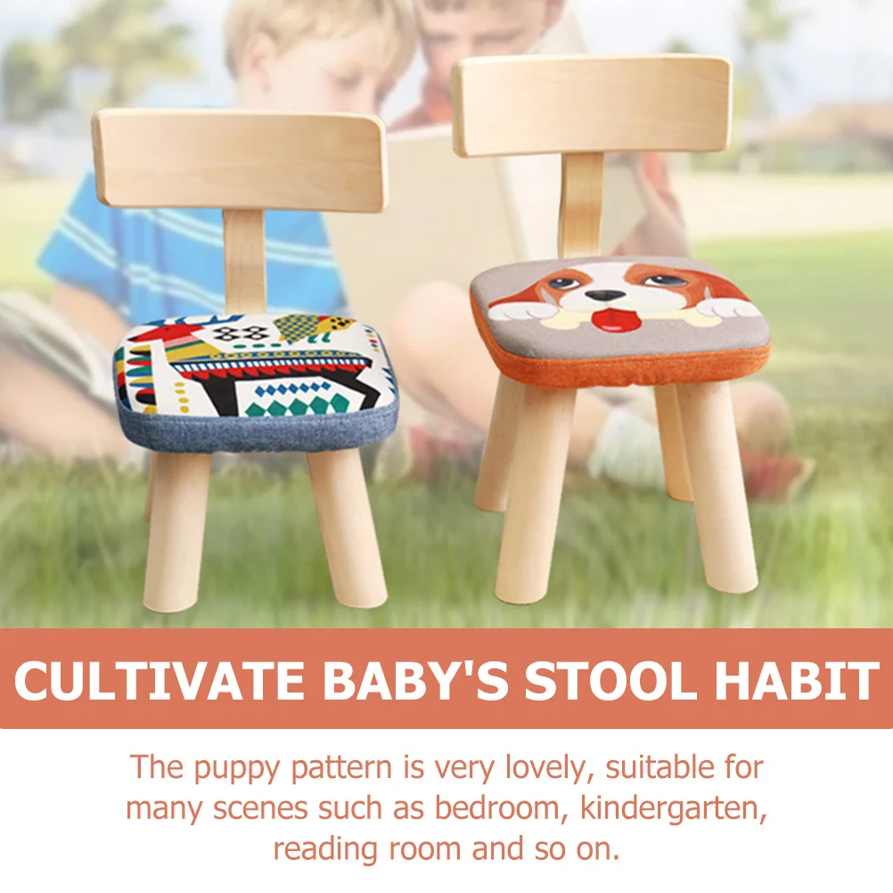 Kids Back Chair Children Stool Wooden Puppy Pattern Removable Cover Impact Resistant Back Support Stool Children Anti-Fall Chair