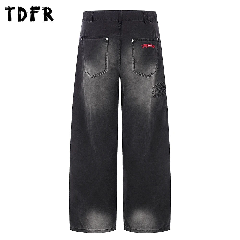 

Washed Distressed Jeans Mens Pocket Gradient Dyed Retro Casual Baggy Wide Leg Denim Pants Man