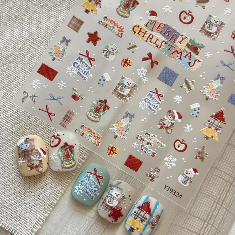 1pcs Winter Christmas Crystal Ball Snowman Tree Cloth Patch Snowflake Bear Bowknot Stars Self adhesive Nail Decoration Stickers